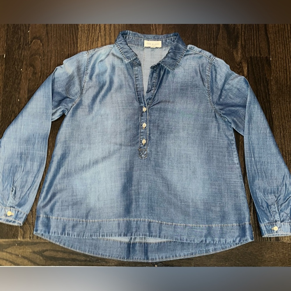 Cloth & Stone Indigo Button-Up Tunic Top Chambray Lyocell Boho Top | Size Small